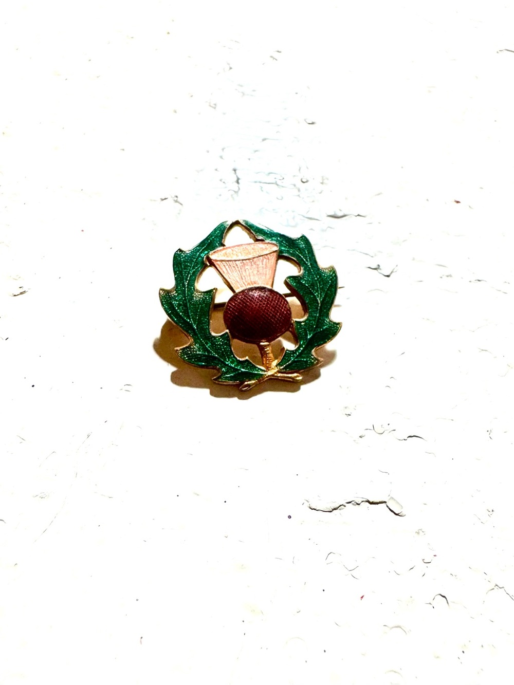 Green Enamel Thistle Pin with Burgundy Accent
